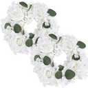 DIYDOFUN Artificial Flower Candle Rings - 6 Inch Inner Rose Floral Wreaths for Wedding Bridal Event Table Centerpieces Backdrop Decorations (White, 2 X Candle Rings)