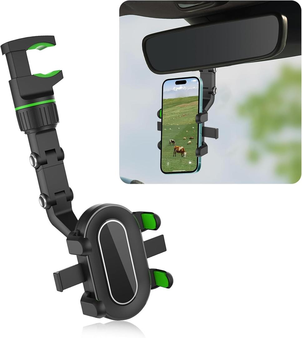 360 Rotating Rear View Mirror Phone Holder,Adjustable Rearview Mirror Phone Holder for Car with Retractable Arm,Multi-Purpose Car Phones Holders Mount with Vise Design