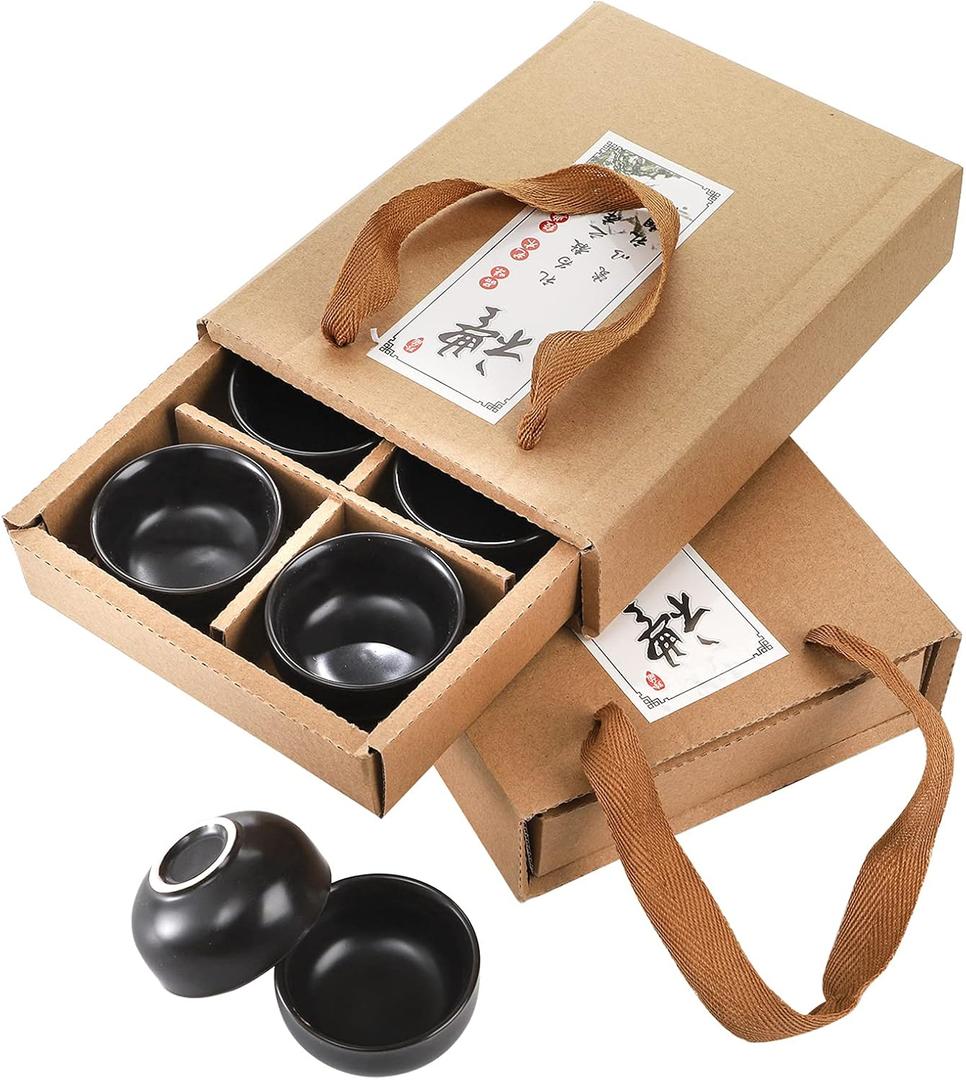 Foraineam 12 Pcs Ceramic Sake Tea Cups, 1.5 Ounces / 45 Ml Premium Black Pottery Asia Japanese Teacups Set, Kungfu Style Tea Accessories Handcraft Gift Box Pack