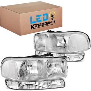 LEDKINGDOMUS Headlights Assembly Compatible with 1999-2006 GMC Sierra 1500/2500, 2001-2007 GMC Sierra 1500HD/2500HD/3500 Classic, 2000-2006 GMC Yukon/Yukon XL Headlamp Chrome Housing Clear Reflector