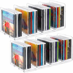 2 PCS CD Holder, Clear Acrylic DVD Storage Box Record Display CD Rack, Cd Organizer with 4 Compartment Holds up to 25 Standard cd Cases, Media Shelf Storage and Organization for DVD/Video Game