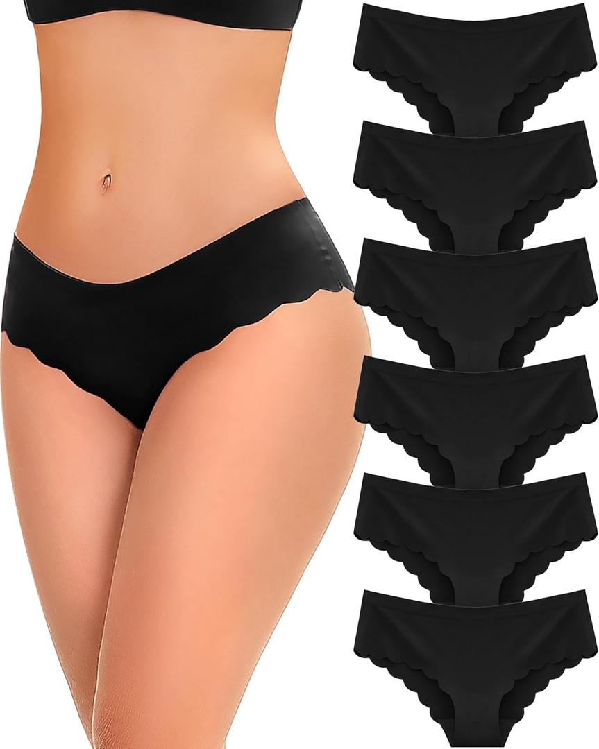 6 pack Seamless Underwear for Women Sexy Low Rise Hipster Wave Edge No Show Bikini Panties Women's Cheeky (Medium, Black)