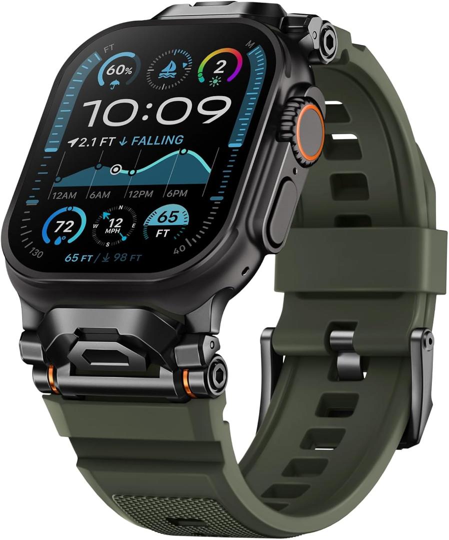 Rugged Bands Compatible for Apple Watch Ultra 3/Ultra 2/Ultra Band 49mm 46mm 45mm 44mm 42mm, Silicone Sport Strap with Durable Stainless Steel Connector for iWatch Series 11 10 9 8 7 6 5 4 3 SE Ultra (Army Green - black Adapter)