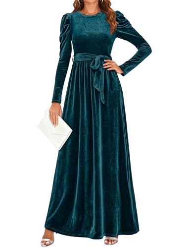 ZESICA Women's Velvet Maxi Dress Fall 2025 Long Puff Sleeve Crew Neck Elastic High Waist Cocktail Party Bridesmaid Dresses (Teal Green, Large)