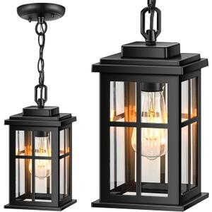 Black Outdoor Pendant Lights for Porch, Modern Hanging Porch Light, Waterproof Outdoor Pendant Lights with Tempered Glass, Aluminum Hanging Exterior Light for Patio, House, Adjustable Chain (Standard Size)