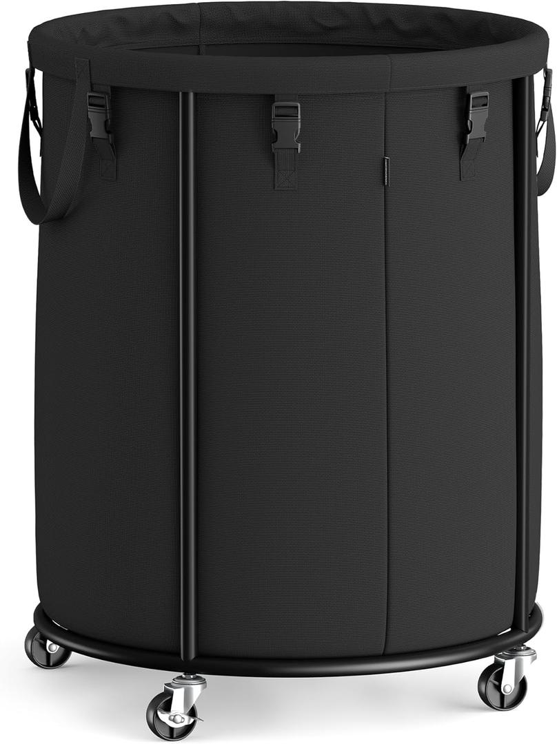 SONGMICS Laundry Basket with Wheels, Rolling Laundry Hamper with Steel Frame, Removable Liner Bag, 45 Gallon (170 L), Ink Black URLS030BH01, 170L-Rolling Round