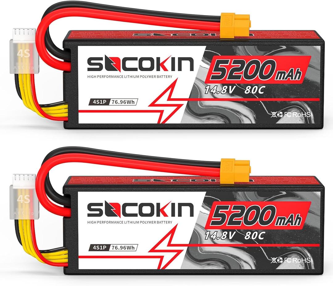 14.8V Lipo Battery 4S 5200mAh 80C Lipo Battery with XT60 Plug Hard Case for RC Evader BX Car Buggy Boat Drones Slash 1/10 Scale Racing Truck Racing RC Heli Airplane (2 Pack)