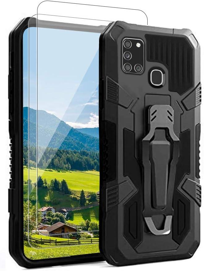Compatible with Samsung Galaxy A21S Case, with [2 Pack] Tempered Glass Screen Protector,15ft. Drop Tested Protective Case| Kickstand || Heavy-Duty || Belt Clip |for Samsung A21s - Black