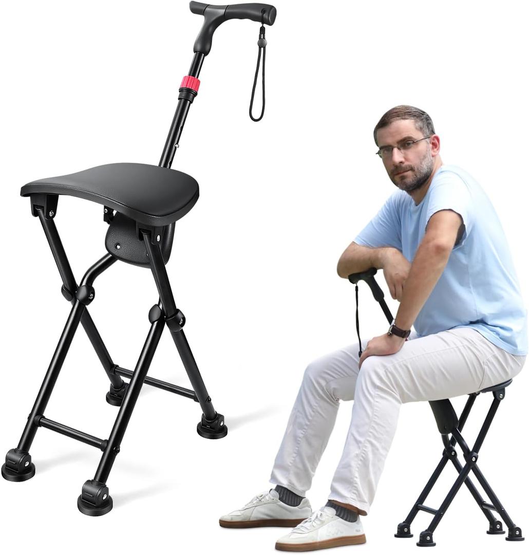 HZZEDNG-Hold 400 lbs Folding Canes with Seat, Allows Durability While Walking and Convenience for Sitting, Aluminum Portable Anti-Slip Cane Seat, Height-Adjustable Walking Cane, Black