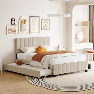 Bellemave Queen Size Upholstered Bed Frame with 2 Drawers & 1 Twin XL Trundle, Velvet Platform Storage Bedframe Mattress Foundation, Queen Trundle Bed Frame,Easy Assembly,Beige