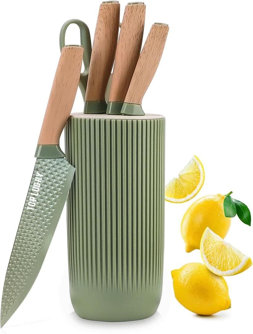Kitchen Block Knife Sets, 6-Pieces Green Chef Knife Set with Removable Round Block, Non-stick & Non-slip Stainless Steel Sharp Knife Set for Restaurant Home Cooking, Gifts for Mom Wife Girl (Green)