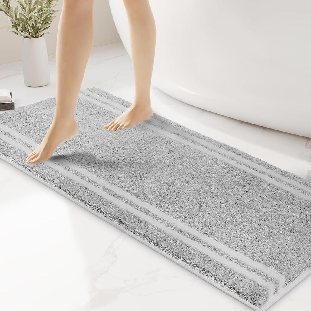 PURRUGS Non-Slip Bathroom Rug 24" x 60" - Super Absorbent & Quick Dry Shaggy Microfiber Bath Mat, Machine Washable Plush Throw Rug for Bathtub, Shower and Sink, Light Grey