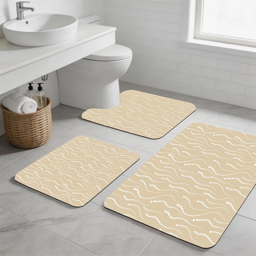 3PCS Absorbent Bath Mat, Quick Dry Non Slip Bath Rug, Beige