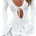 Saodimallsu Womens Crochet Swimsuit Cover Up Long Bell Sleeve V Neck Tie Mesh Knit Summer Beach Dress Vacation Outfits (Small, White)