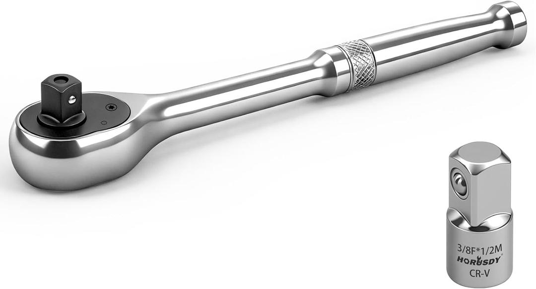 HORUSDY 3/8" Drive 90T Quick-Release Ratchet Handle, Reversible, Chrome Alloy Made, Full Polished, Includes 3/8" to 1/2" Socket Adapter, Ideal for Auto Repair, Home & Industrial Use