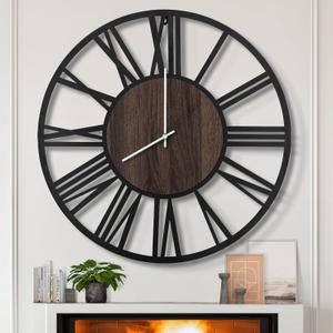 LEIKE Extra Large Wall Clocks,Silent Little Ticking,Battery Operated Vintage Round Modern Wood Wall Clock for Living Room, Bedroom,Farmhouse,Office Home Decor-32 Inch(Black-Roman Numerals)