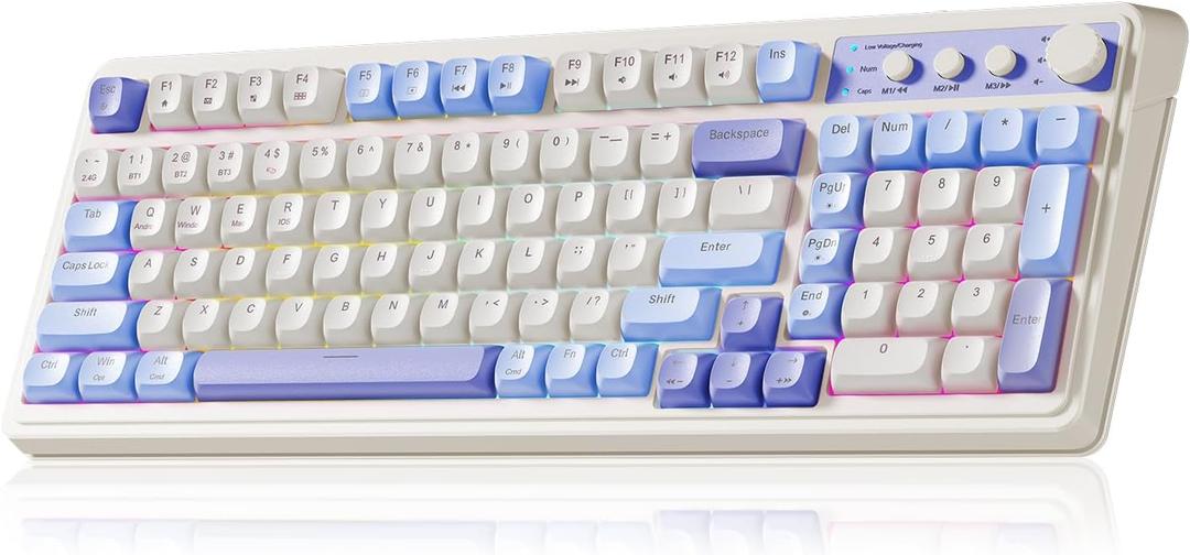AULA 99 Key Keyboard, Tri-Mode Bluetooth/2.4GHz/USB-C Cute Creamy Gaming Keyboard with Number Pad RGB Backlit, Media Knob Custom Mechanical Feel Computer Keyboards for MAC Xbox PC Gamer - Purple