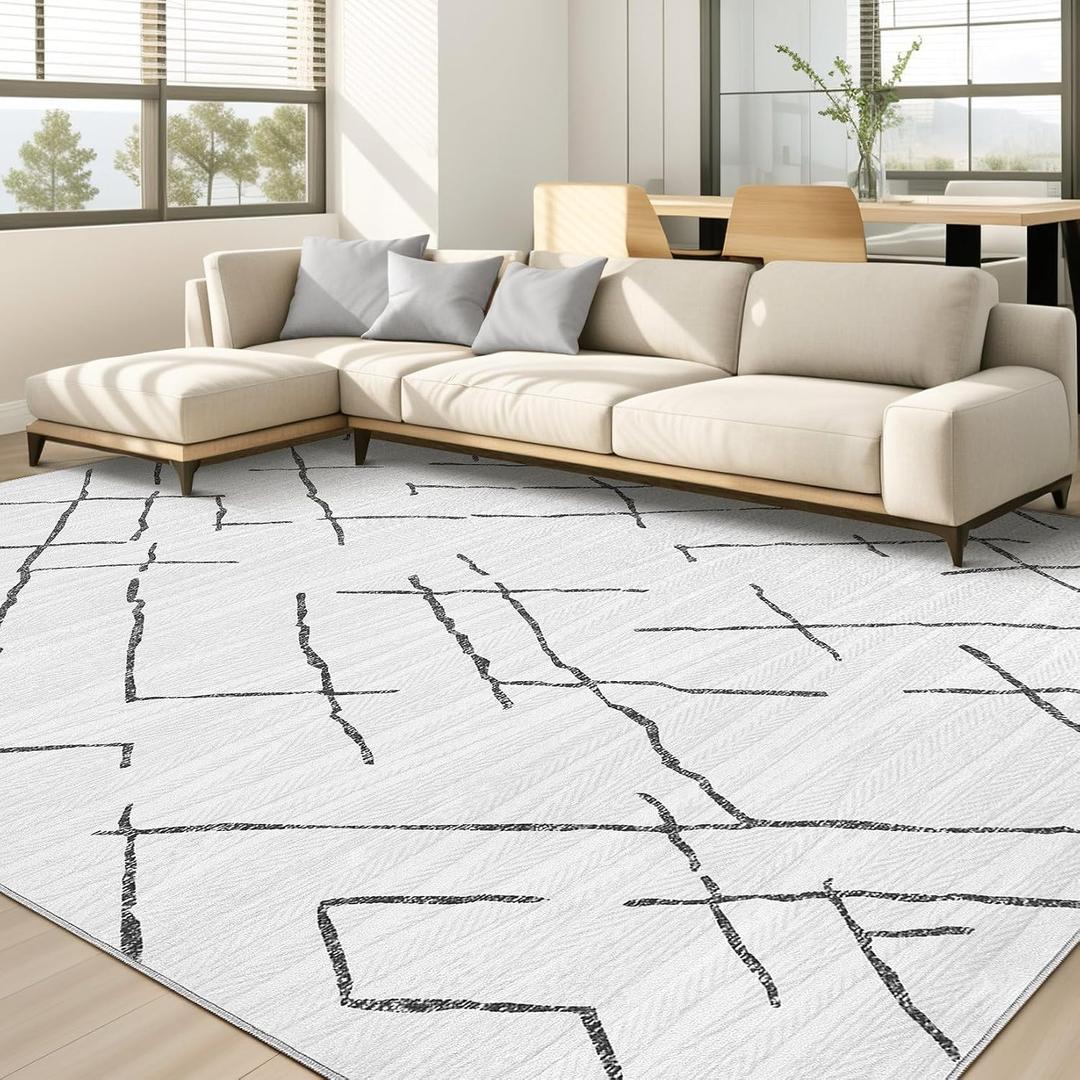 kakania 8x10 Washable Area Rug: Non Slip Soft Thin Carpet, Boho Geometric Modern Decor, Easy Clean Indoor Floor Large Rugs for Living Room Bedroom Kids Dorm Office Dining - Light Grey