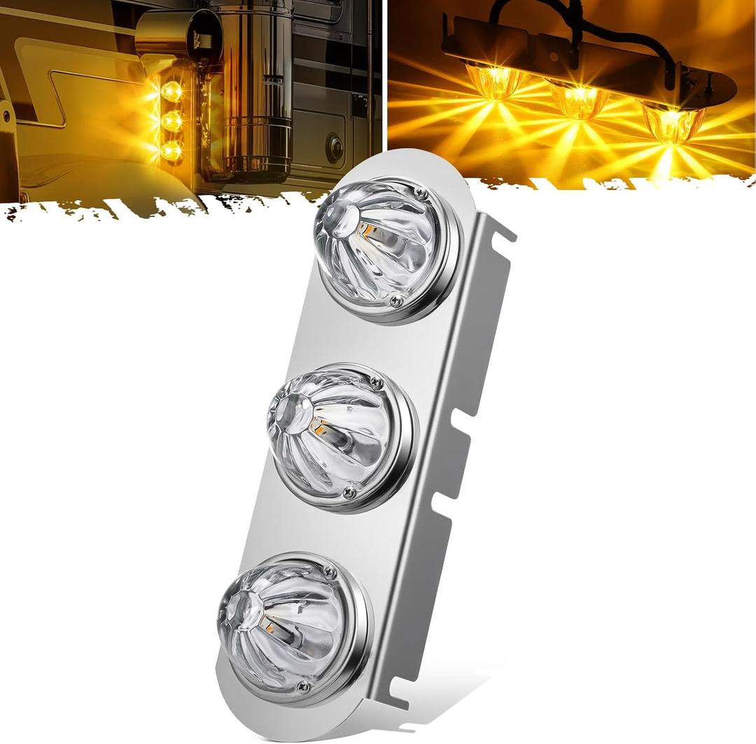 Partsam 1Pcs Radius-Style 14" Front Air Cleaner Light Bar with 3Pcs Glass Watermelon Lights, Stainless Steel Bracket, Compatible with Peterbilt Kenworth Freightliner Trucks, Clear Lens