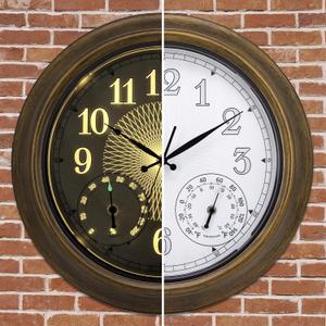 18 Inch Outdoor Clocks Waterproof for Patio with Thermometer Hygrometer Combo Large Clocks with Smart Sensor Lighted Metal Wall Clocks Battery Operated for Pool Garden Indoor Decorative (Brown)