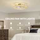 22" Low Profile Flush Mount Ceiling Fan, Ceiling Fan with Light and Remote, Dimmable Fandelier with Crystal Lampshade, Bladeless Enclosed Fan Light-Gold