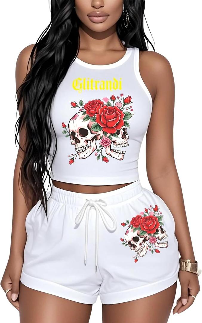 Glitrandi 2 Piece Sets For Women Summer Outfits Fashion Print Sleeveless Womens Tank Tops (White, L)