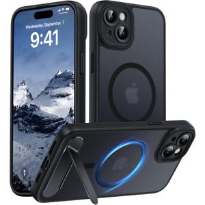 Magnetic Compatible with iPhone 15 Plus Case, [Built-in Kickstand][Full Camera Protection][Compatible with MagSafe][Anti-Fingerprint] Shockproof Phone Case for iPhone 15 Plus 6.7" Black