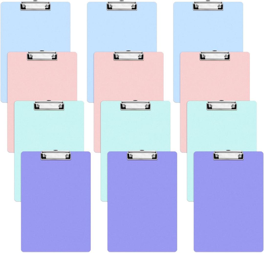 12 Pack Clipboards with Pen Holder 8.5x12.4 Multicolor Clip Board Plastic Standard A4 Letter Size Hanging Clipboards for Classroom, Students, Kid, Woman, Office & School Supply, 4 Color