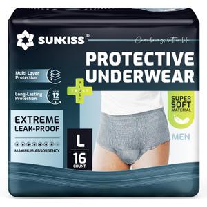 SUNKISS Super Soft Incontinence Underwear for Men, Daytime Disposable Adult Pull Ups, Mens Protective Diapers with Maximum Absorbency, Large, Grey, 16 Count