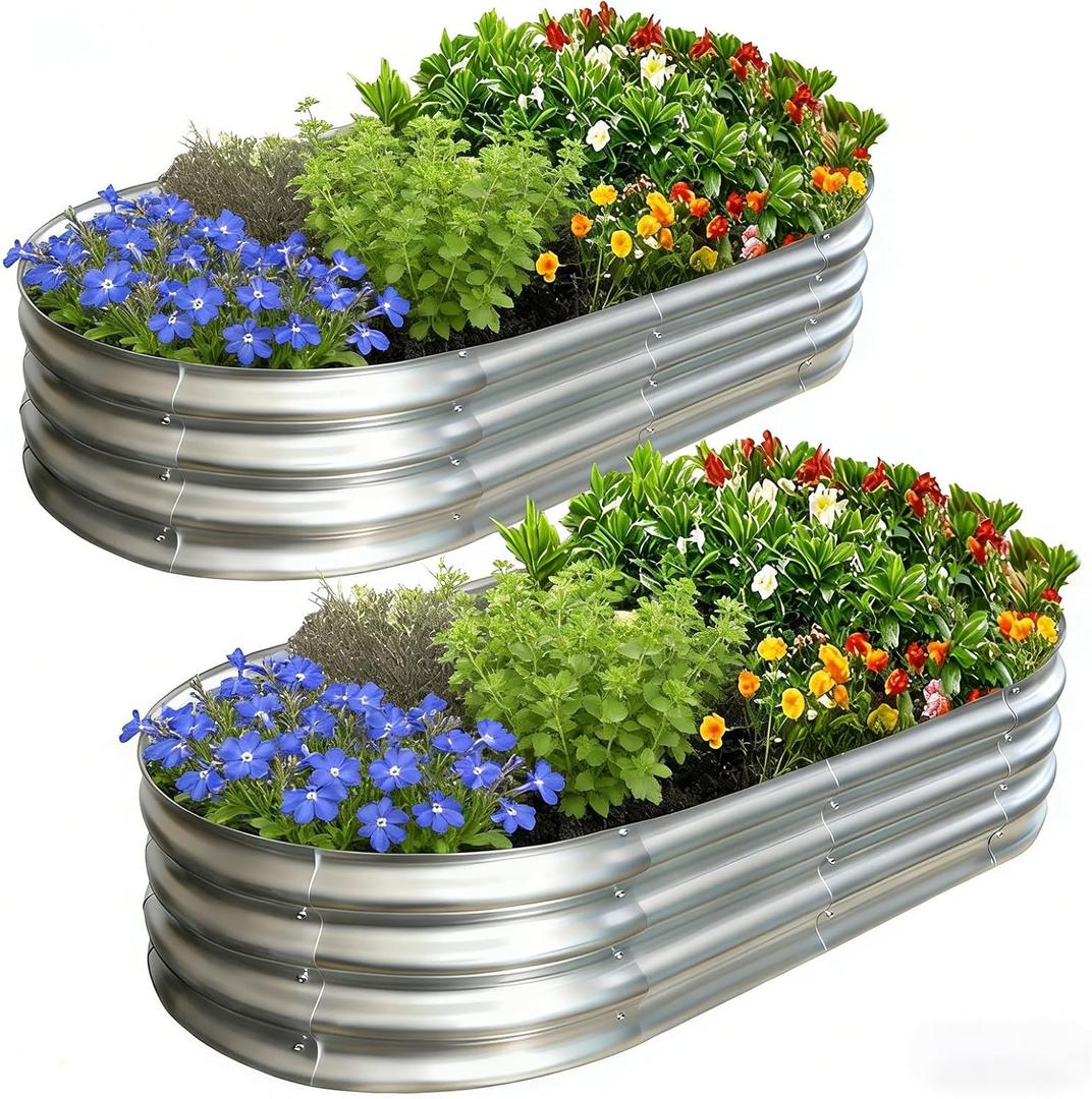 Galvanized Raised Garden Bed Kit, Planter Garden Boxes Outdoor, Oval Large Metal for Vegetables Fruits, Flowers Planter Boxes, Easy Assembly Garden Bed Kit (Silver, 421FT (2-Pack)