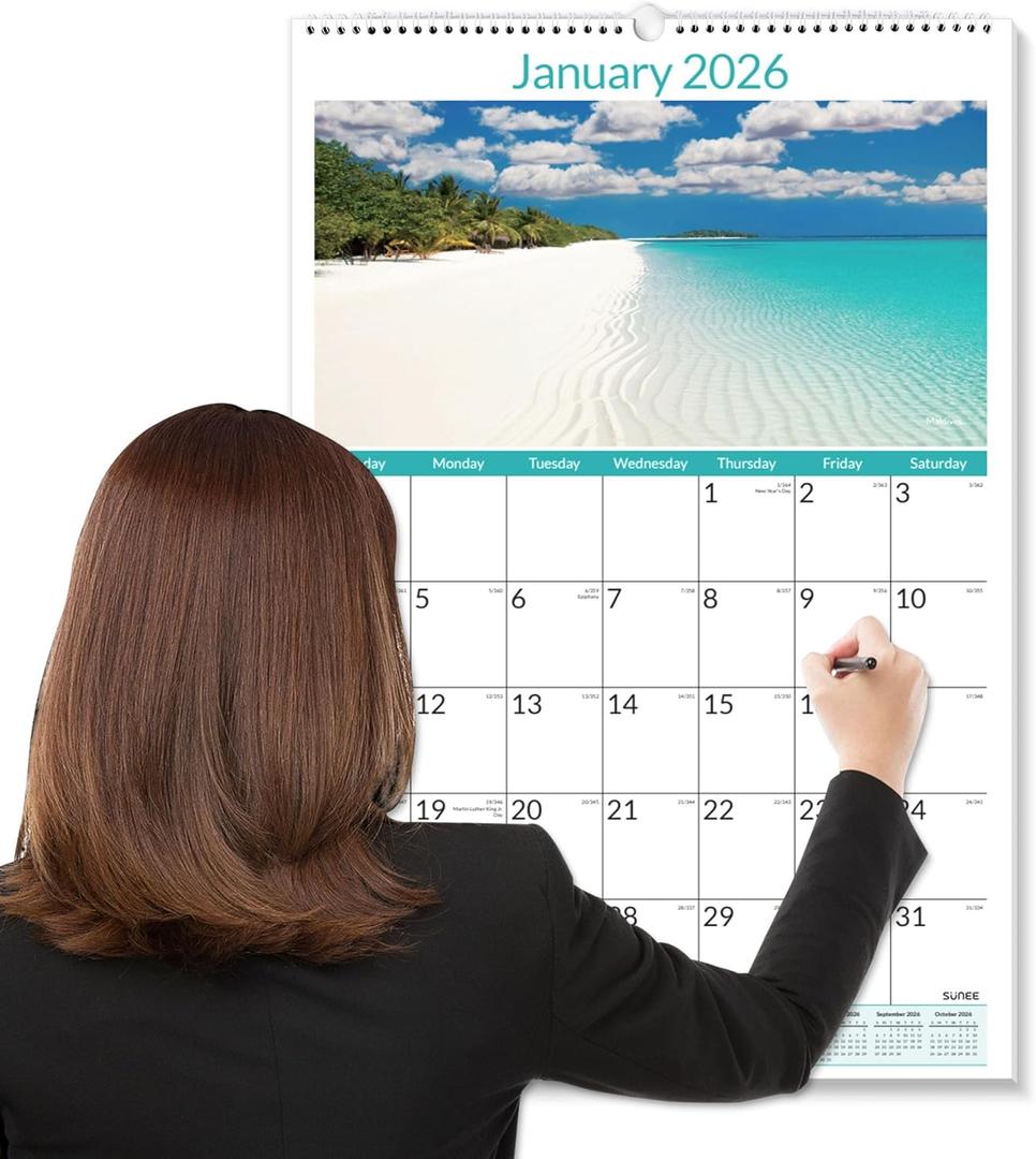 SUNEE 2026 Wall Calendar Large 22.75"x15.5", 21 Month (Ends June 2027), Vertical Extra Large Monthly Calendar 2026-2027 for Wall, Beaches