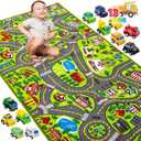 JOYIN Kids Play Rugs - 12 Pull-Back Vehicle Set - Durable Carpet Playmat Rug - City Pretending Play - Toddler Car Track Rug