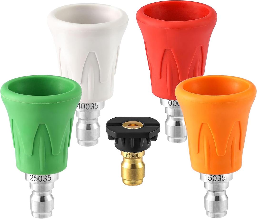 FIXFANS Pressure Washer Nozzle Guard, Stainless Steel High Power Washer Tips Set with Upgraded Rubber Protector Cover, 5Pcs Pressure Washing Holder with 1/4" Quick Connect, Orifice 3.5