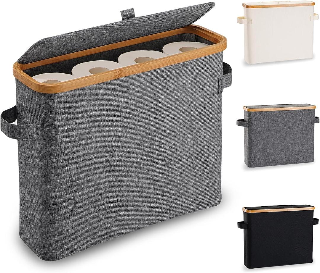 Toilet Paper Storage Basket with Lid, Bamboo Toilet Paper Storage Holder Stand Organizer for Bathroom, Toilet Paper Storage Box Container with Handle, Toilet Tissue Storage Bin for RV Closet, Gray (For Small/Regular Size TP Roll)