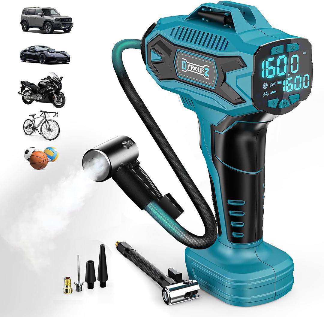 DIYtoolifz Cordless Tire Inflator Air Compressor Compatible with Makita 18V Battery, 160PSI Portable Air Pump with Digital Pressure Gauge, Fast Inflation for Cars, Motorcycles, Bikes (Bare Tool)