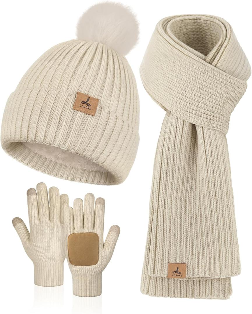 LOROME Women Winter Beanie Hat Scarf Gloves Set, Fleece Knitted Pompom Hat Warm Neck Scarf Touchscreen Gloves Winter Gift (Oatmeal)