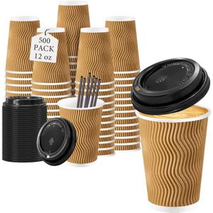 Lamosi 500 Pack Disposable Coffee Cups with Lids, 12 oz Insulated Hot Cups To Go Paper Coffee Cups with Lids and Straws, Corrugated Ripple Wall Cup for Hot Drink, Office, Coffee Bar (Champagne)