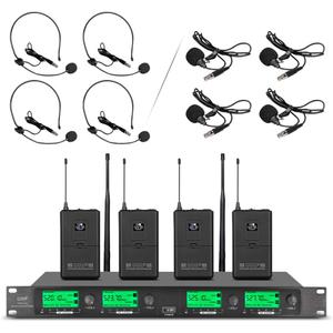 Wireless Microphone System Pro UHF 4 Channel 4 Lavalier Bodypacks 4 Lapel Mic 4 Headsets for Karaoke System Church Speaking Conference Wedding Party