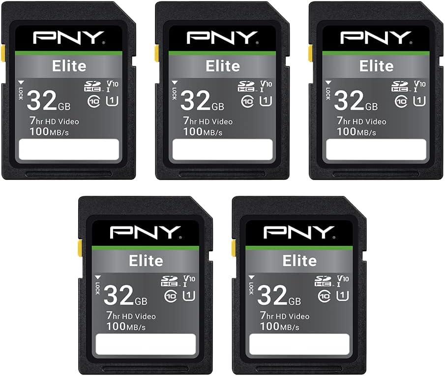 PNY 32GB Elite Class 10 U1 V10 SDHC Flash Memory Card - 100MB/s Read, Class 10, U1 Full HD, UHS-I, Full Size SD (Pack of 5) PNY 32GB Elite Class 10 U1 V10 SDHC Flash Memory Card - 100MB/s Read, Class 10, U1 Full HD, UHS-I, Full Size SD (Pack of 5)