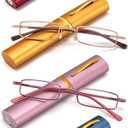 REAVEE 4 Pack Slim Pen Reading Glasses for Women Stylish Small Metal Tube Readers Spring Hinge with Portable Clip Case, Red Gold Pink Blue 2.0