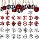 42 Pcs Christmas Buffalo Plaid Decoration Set Include 2 Inch Xmas Check Fabric Ball Ornament 3.15 Inch Wooden Snowflake Hanging Ornament Black Red Plaid for Christmas Tree Party Decor