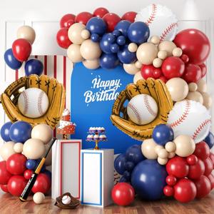 Baseball Birthday Party Decorations, Navy Blue Red Nude Balloon Arch with Baseball Glove Foil Balloons for Boys Girls Summer Birthdays Party Baseball Themed Party Decorations