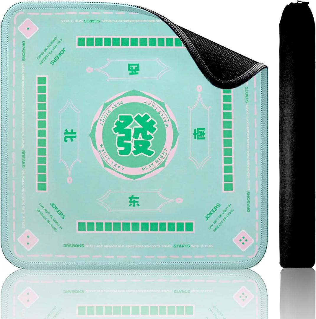 TIASUSAN Green Mahjong Learning Mat (33 x 33) with Black Carrying Bag, Anti-Slip, Noise-Reducing Mahjong Mat for Table, Board Games, Tile Games and Card Games