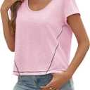 Cicy Bell Womens Cropped Scoop Neck Tshirts Summer Cap Short Sleeve Exposed Seam Tops Casual Loose Fit Cotton Tee Shirts (Pink, M)