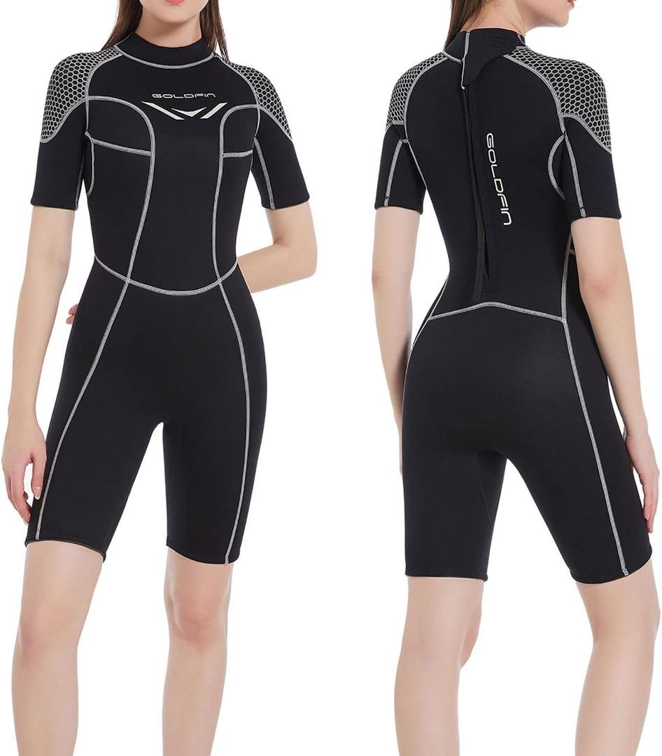 GoldFin Women Shorty Wetsuit, 3mm Neoprene Wet Suits Back Zip Surfing Diving Swimming Snorkeling (Large, Black)