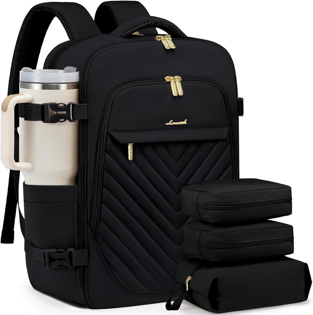 LOVEVOOK Travel Backpack for Women, TSA Personal Item Travel Bag fits 18" Laptop, Carry On Backpack for Weekender Business Hiking, Black (18 Inch-4Pcs)