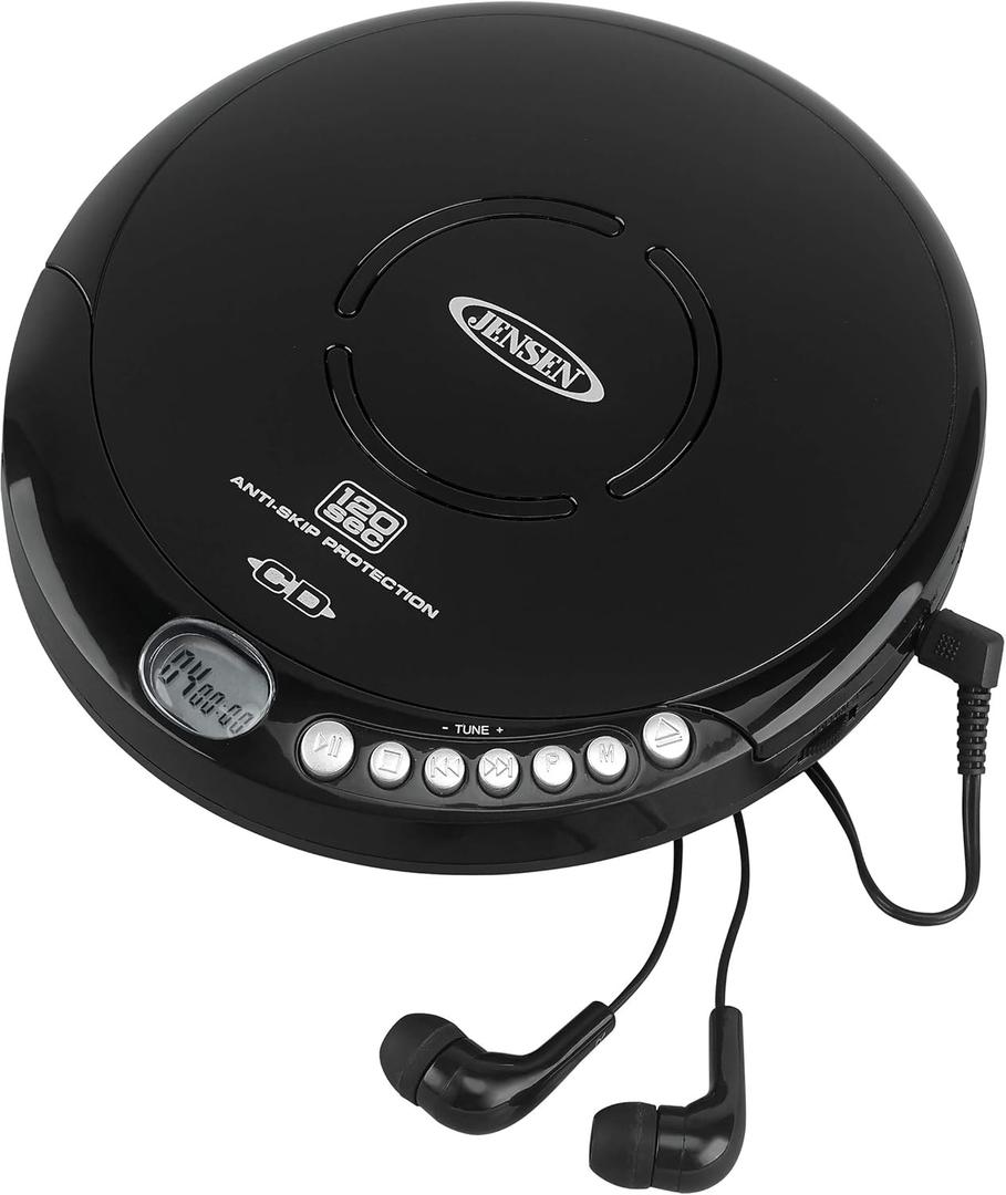 Jensen Portable CD-120 Portable Personal CD Player Compact 120 SEC Anti-Skip CD Player Lightweight & Shockproof Music Disc Player & FM Radio Pro Sport-Earbuds for Kids & Adults (Black)