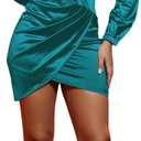 FairyLove Women's Elegant Empire Waist Long Sleeve Wedding Guest Party Cocktail Bodycon Irregular Satin Dresses (16 Green)