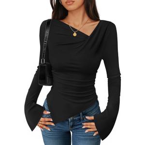 ZESICA Women's Long Bell Sleeve Shirts 2026 Fall Going Out Asymmetrical Crop Tops Slim Fit Ribbed Ruched Y2K Clothes (Black) M