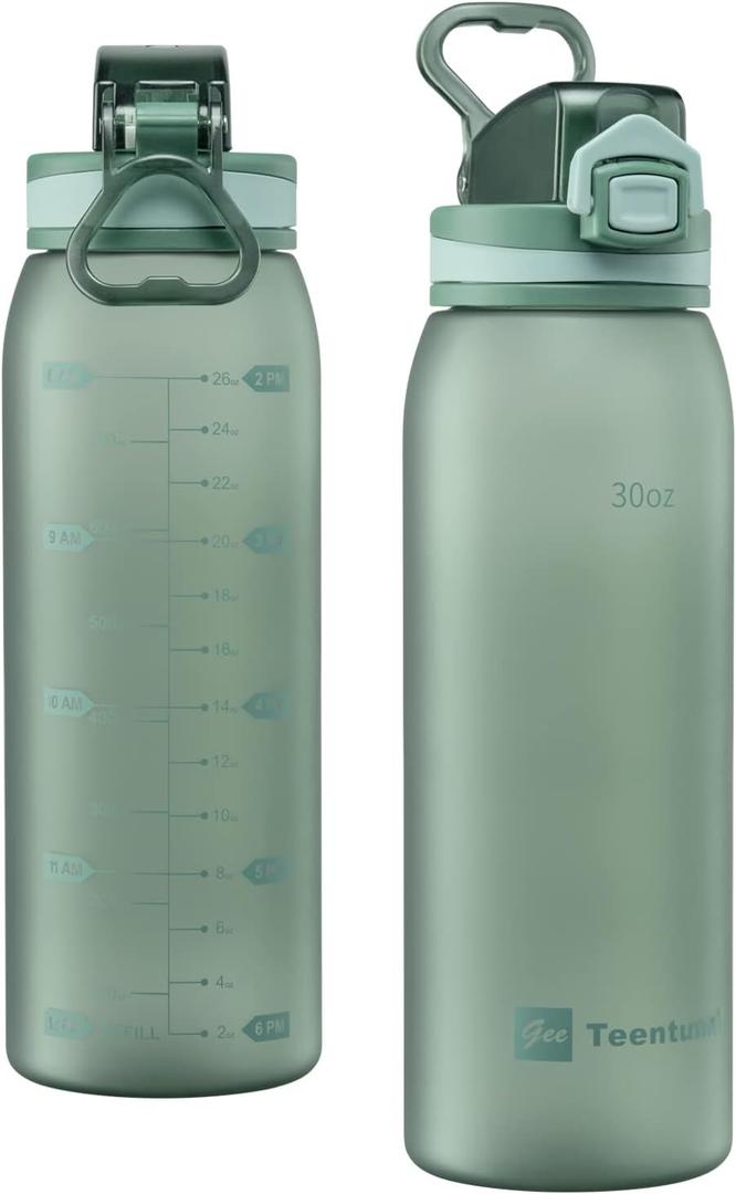 Time Marker Water Bottle 30 oz with Push Button Motivational Measurement Marker, Reusable Tritan Plastic Water Jug for Workout Sport Travel Water Tracker (Pack of 1) (Midnight Green)